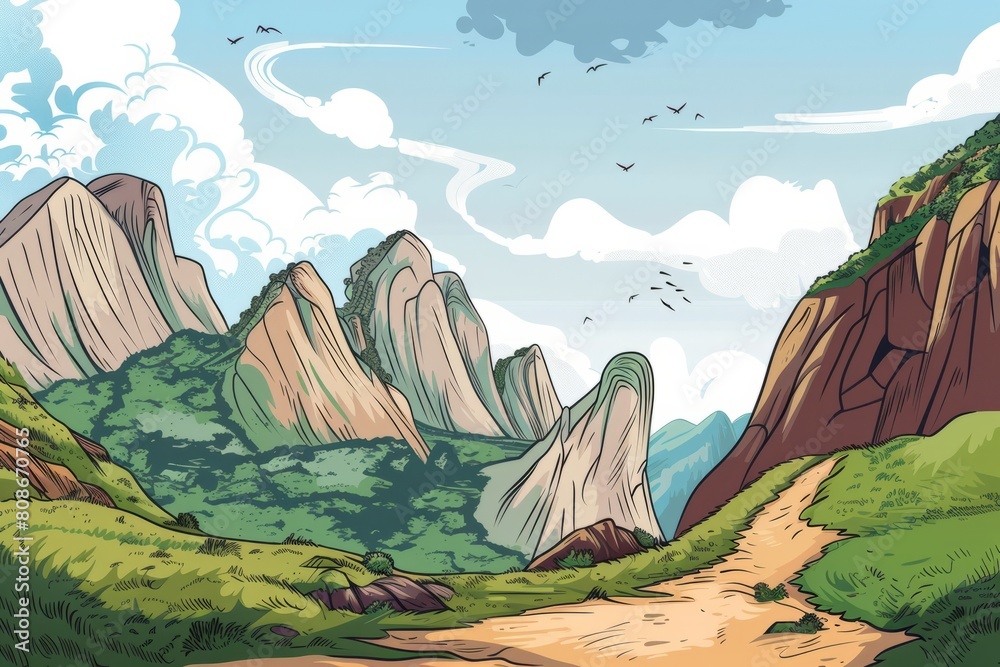 Cartoon cute doodles of the majestic Hulao Pass, where the valiant ...