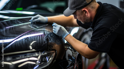 Car service worker applying nano coating