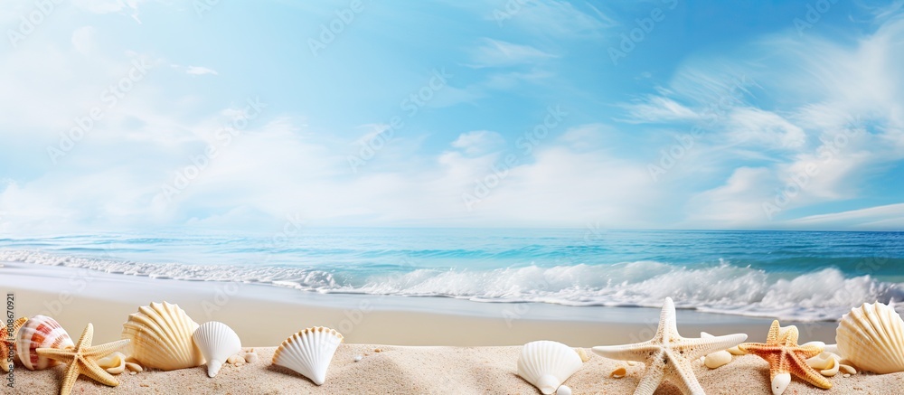 On a summery beach backdrop a white card is adorned with two starfish and shells creating an image with ample copy space