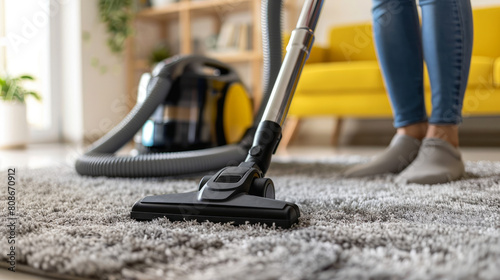 A woman uses a vacuum cleaner to clean a gray carpet to keep it clean and tidy.