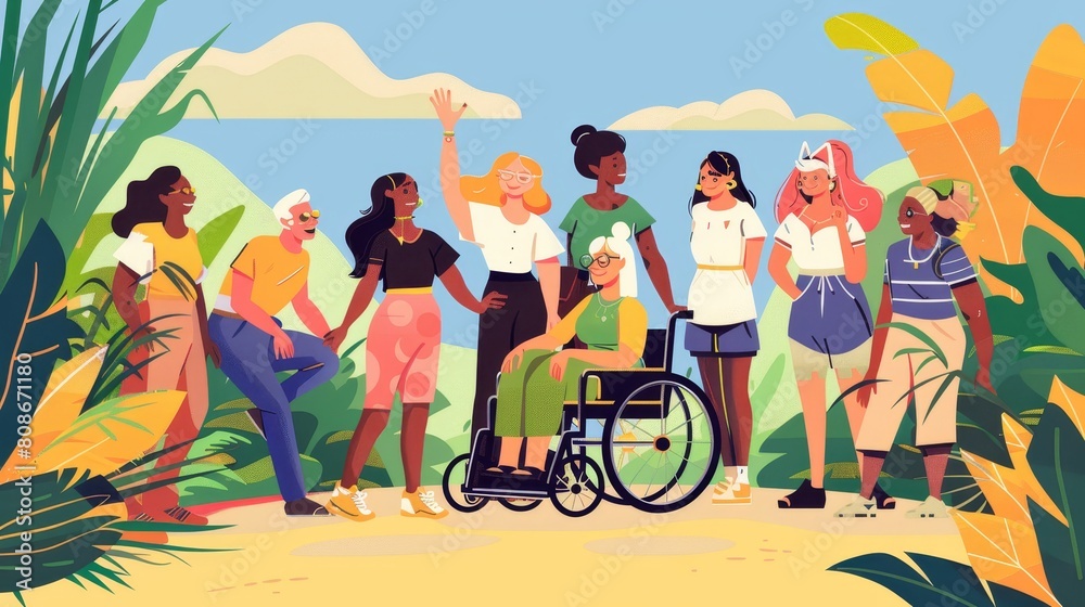 A group of multiracial people, a girl in a wheelchair, a lesbian person, and an elderly woman. Conceptual illustration of diverse characters in multiracial communities. A group of multiracial people, a girl in a wheelchair, a lesbian person, and an elderly woman. Conceptual illustration of diverse characters in multiracial communities.