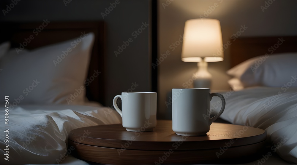 Bedside table with white mug against the bed at night.generative.ai
