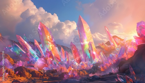 Magical Landscape of Vibrant Crystals Illuminated by Sunset Glow photo