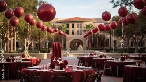 A beautiful outdoor wedding reception with round tables, red tablecloths, and large red balloons. photo