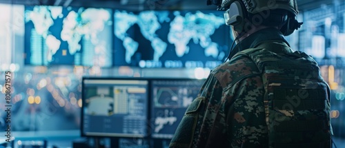 Working in a Central Office Hub for Cyber Control and Monitoring for Managing National Security, Technology, and Army Communications as a military surveillance officer on a city tracking operation. photo