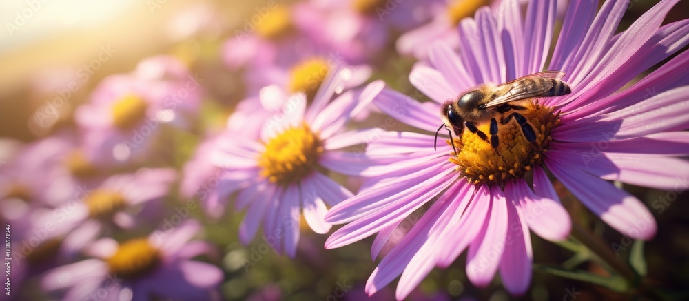 From a top down perspective an image captures the moment when a bee is pollinating a vibrant purple daisy on a sunlit meadow. Copy space image. Place for adding text and design From a top down perspective an image captures the moment when a bee is pollinating a vibrant purple daisy on a sunlit meadow. Copy space image. Place for adding text and design