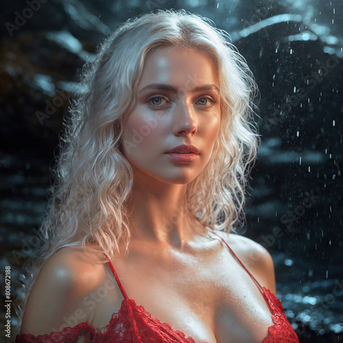 Beautiful  woman against the backdrop of a waterfall.
