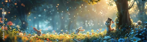 A cute cartoon cat and two rabbits are sitting in a lush green field, surrounded by colorful flowers and sparkling fireflies