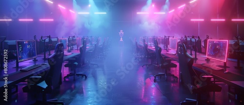 A stylish Neon Cyber Games Online Streaming Tournament Arena with a trophy in the center houses two Esport Teams of professional gamers competing in video games in a championship game. photo