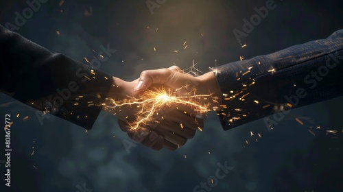 A businessman and businesswoman shake hands, with a spark flying between them, representing the energy and synergy of a successful partnership photo