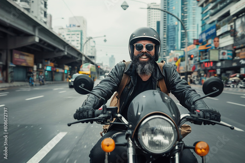Motorcycle, travel and journey with man in city for freedom, driving and vintage. photo