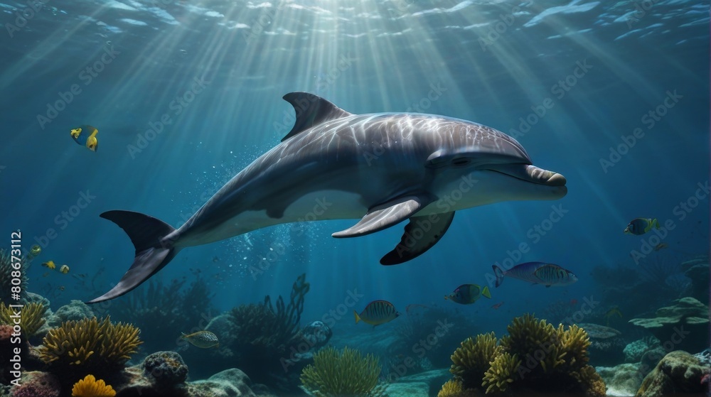 Fototapeta premium Dolphin swimming in the undersea, close-up
