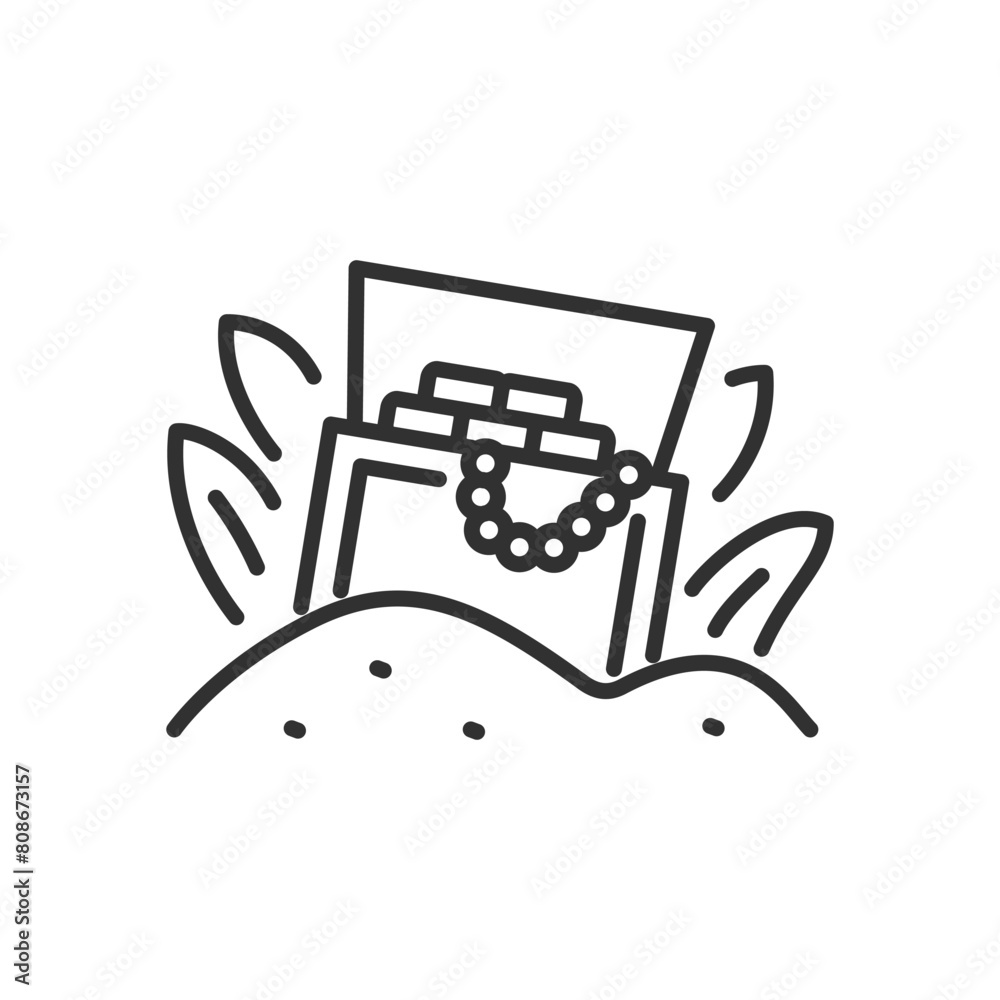 A treasure chest buried in the sand, linear icon. Treasure Island. Line with editable stroke A treasure chest buried in the sand, linear icon. Treasure Island. Line with editable stroke