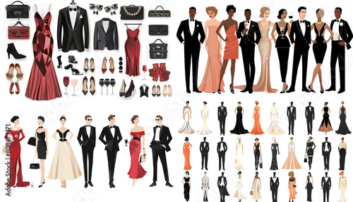Clipart of eveningwear styles with elegant dresses tuxedos and refined accessories carefully arr Generative AI