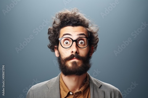 Baffled man against gray background looking scary in the image photo