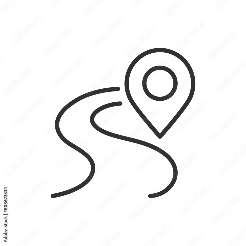 Path, linear icon, road and map pin. Line with editable stroke Path, linear icon, road and map pin. Line with editable stroke