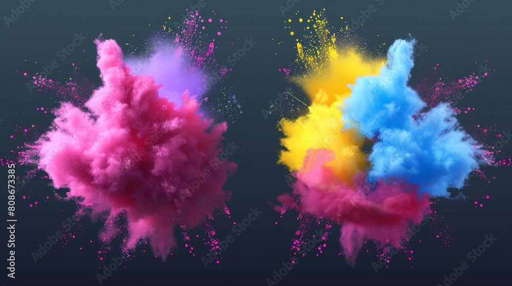 The powder Holi paints, colored clouds or explosions, and ink splashes are isolated in 3D modern on a transparent background, is a traditional indian holiday.