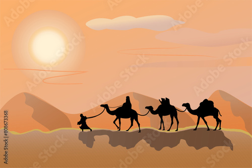 A camel caravan with people is walking through the desert. Desert, sand, sun, dunes, caravaneer.