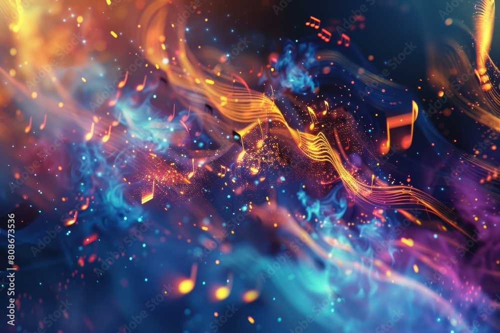 Vibrant music notes dance in abstract waves, evoking harmony and rhythm. Vibrant music notes dance in abstract waves, evoking harmony and rhythm.