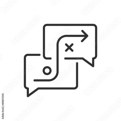 Strategic discussion. Discussing plans and strategy, linear icon. Speech bubbles and the drawn plan. Communication and strategy development. Line with editable stroke