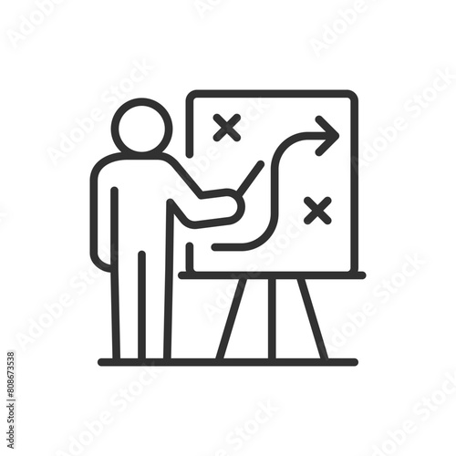 Planning and guidance, linear icon. The path to the goal. Presentation and management. The person at the board shows the plan and talks about the pathway. Line with editable stroke