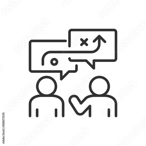 Discussion of strategy, linear icon. People discuss the strategic path to the goal. Strategy. People and speech bubbles. Line with editable stroke