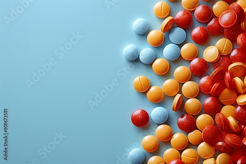 Colorful Assortment of Medication Pills on Blue Background