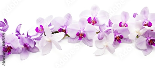 Isolated on a white background there is a beautiful lilac orchid in full bloom with a bandlet accentuating its beauty. Copy space image. Place for adding text and design