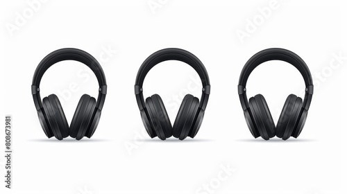 An outline of a 3D model of a stereo earphone with sound speakers on the front, isolated on a white background. It is a modern realistic set of 3d black stereo earphones.