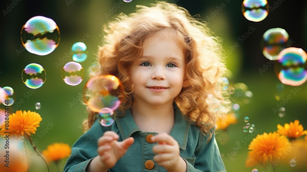 Little Girl Enjoys Spring with Soap Bubbles in Portrait that spring magic
