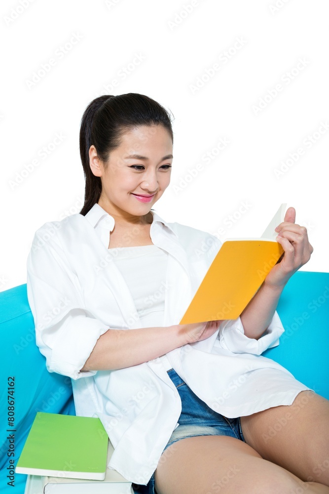 Shed young woman sitting on the sofa reading a book Shed young woman sitting on the sofa reading a book