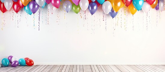 Copy space image of a vibrant party backdrop with a border of playful balloons and streamers placed against white wooden boards