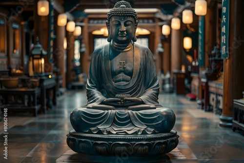 Ornate Futuristic Buddha Statue in Tranquil Temple Interior