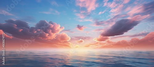 A stunning sea sunset featuring blue clouds against a pink sky creating a captivating screensaver that showcases the beauty of nature. Copy space image. Place for adding text and design