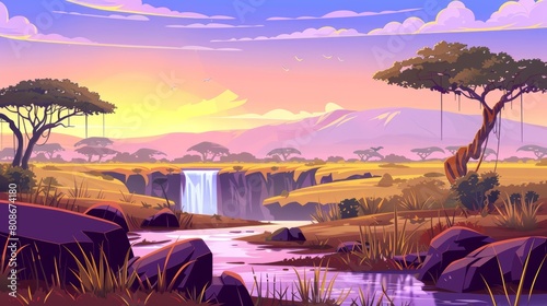 Modern illustration of African savannah with river  waterfall  acacia trees and mountains on horizon. Savanna landscape with green grass  water stream falling from stones in the evening.