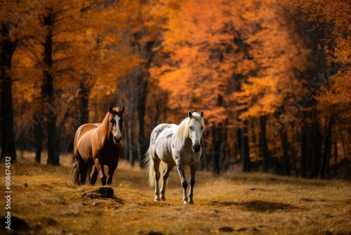 Two Horses walking beside two tree on the ground showing the beautyfull scenery