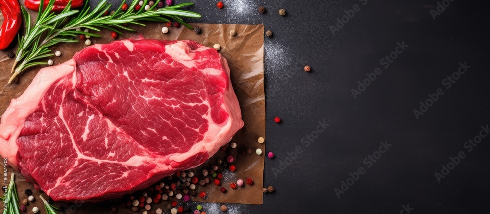 A top view of raw beef or veal steak meat perfect for a menu concept background with ample copy space available