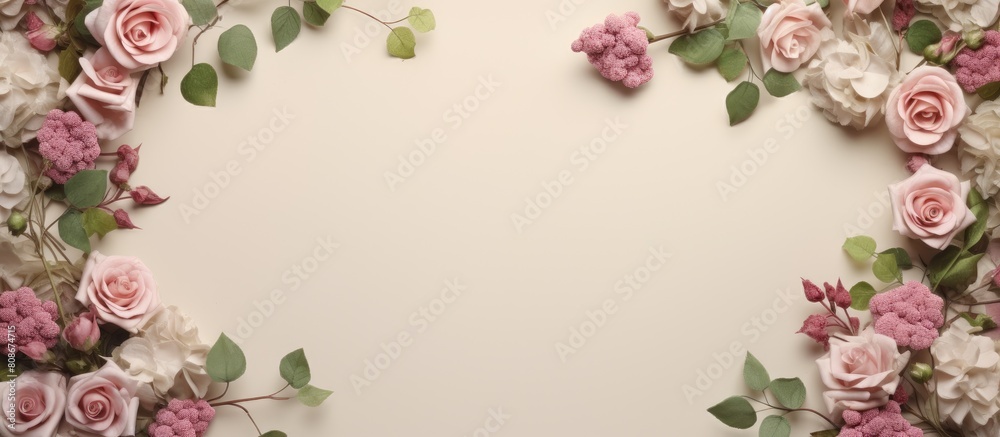 Wedding backdrop adorned with a frame of pink and beige roses lush green leaves and branches on a neutral beige background presenting a captivating flat lay view with ample copy space