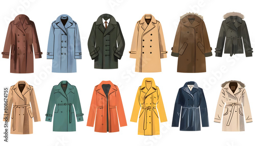 Clipart of different outerwear styles from trench coats to bomber jackets laid out in contrasting  Generative AI photo