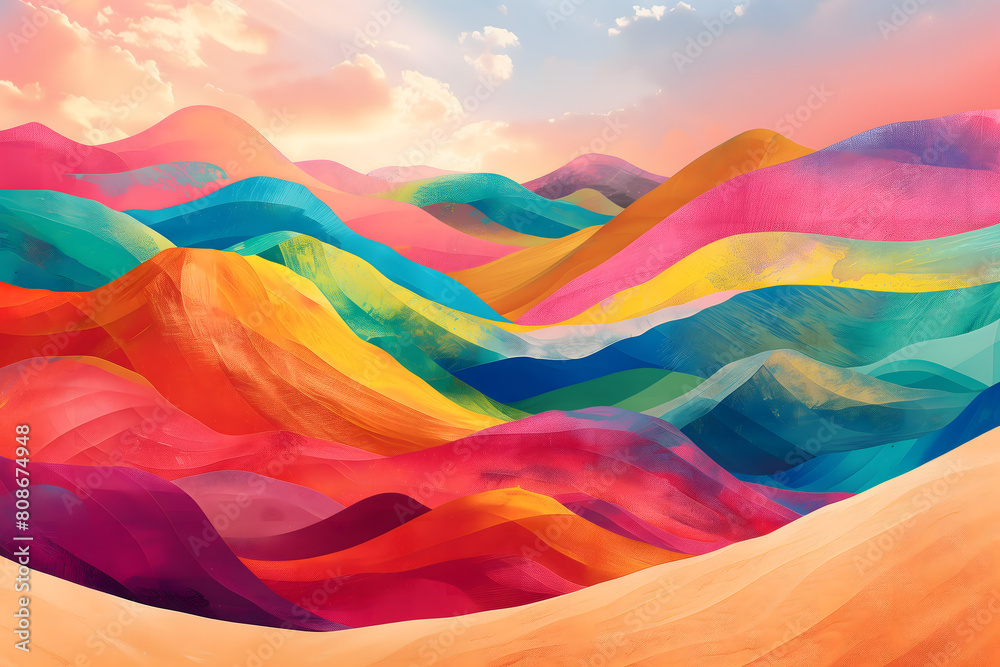 An illustration of a desert made with a diverse and vibrant color palette