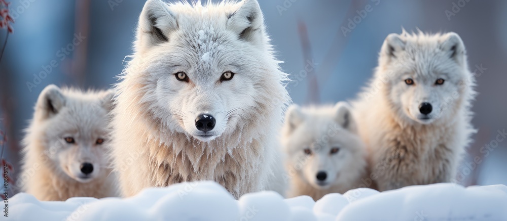 Arctic Wolves with their striking white fur and piercing blue eyes are mesmerizing creatures in their natural habitat. Copy space image. Place for adding text and design