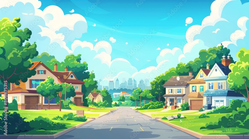 A suburban street with residential houses and a city skyline over a summer landscape. Modern cartoon illustration of suburban houses with garages, trees and roads in a suburban landscape.
