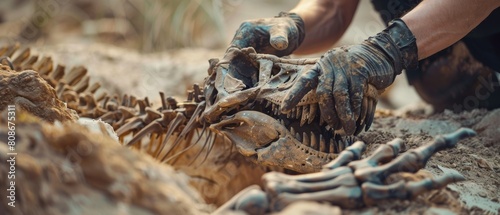 A paleontologist cleans a Tyrannosaurus dino skeleton with a brush. Archeologists discover a new predator species' fossil remains. Workers dig their way into a tomb. Close-up of fingers. photo