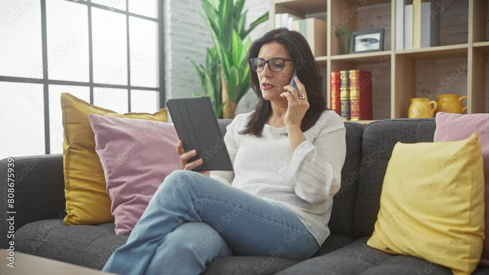 Hispanic woman conversing on phone with tablet in hands, sitting on couch in a well-lit living room. Hispanic woman conversing on phone with tablet in hands, sitting on couch in a well-lit living room.