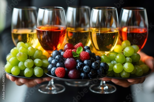 Elegant Wine Glasses and Fresh Fruit Platter in Hand