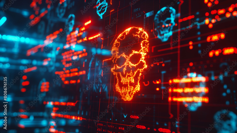 Digital depiction of cyber threats with a glowing skull symbol on a high-tech interface backdrop. Digital depiction of cyber threats with a glowing skull symbol on a high-tech interface backdrop.