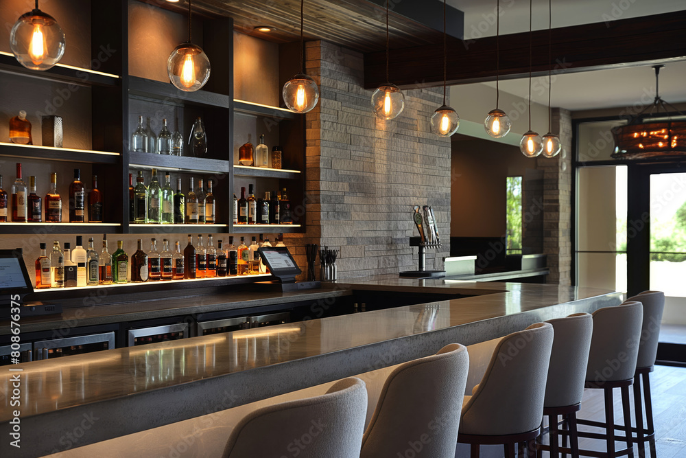 Polished and stylish bar area featuring minimalist bar stools, ambient lighting, and an elegant atmosphere