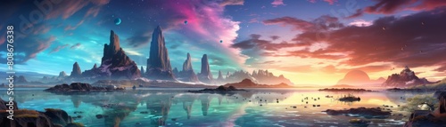 An epic fantasy landscape painting of a beautiful alien planet with a lake in the foreground, and a mountain range in the background