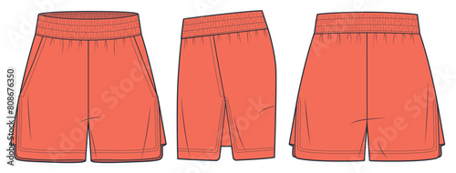 Sport Shorts technical fashion illustration. Short Pants fashion flat technical drawing template, side slit, pockets, front, side and back view, mandarin orange colour, women, men, unisex CAD mockup.