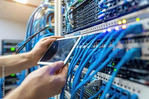 Engineer teamwork, server room and tablet for connection cable, maintenance or software update.